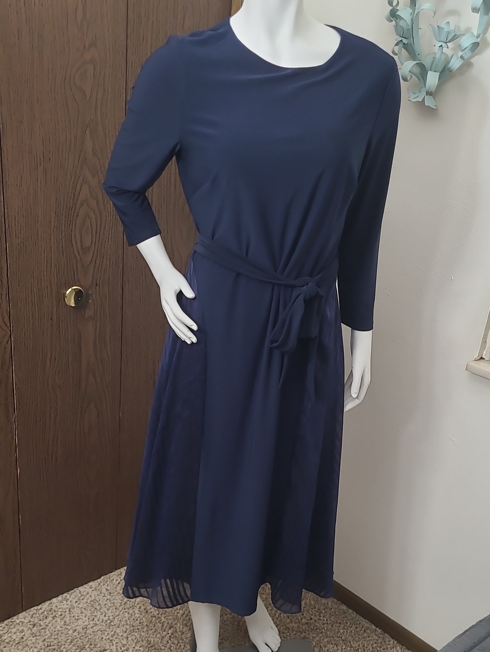 Ralph Lauren Navy Long-Sleeve Midi Dress with Tie Waist